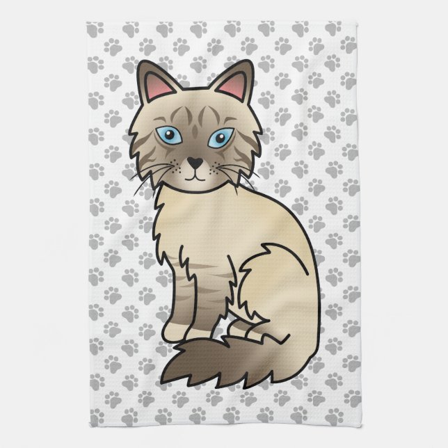 Chocolate Point Tabby Birman / Ragdoll Cat & Paws Tea Towel (Vertical)