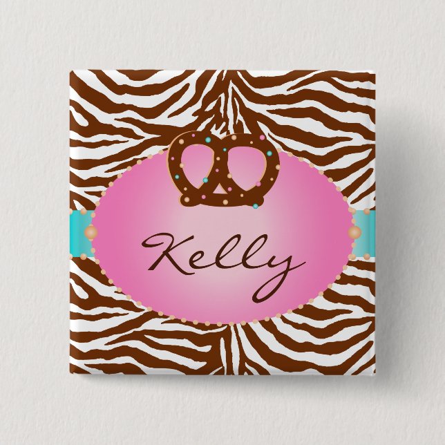 Chocolate Pretzel Bakery Zebra Name Tag Button (Front)