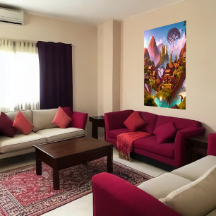 Chocolate pudding village in the mountain   AI Art Poster