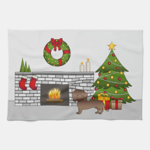 Chocolate Smooth Coat Dachshund - Christmas Room Tea Towel
