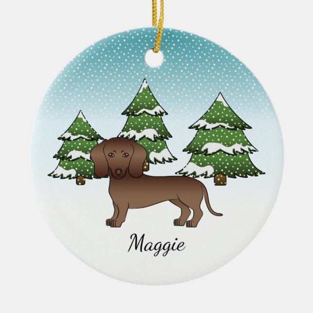 Chocolate Smooth Coat Dachshund - Winter Forest Ceramic Tree Decoration (Front)