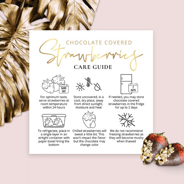 Chocolate Strawberries Care Guide White & Gold Square Business Card (Creator Uploaded)