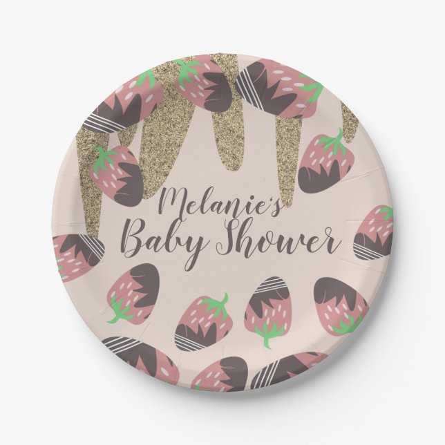 Chocolate Strawberry Faux Glitter Baby Shower Paper Plate (Front)