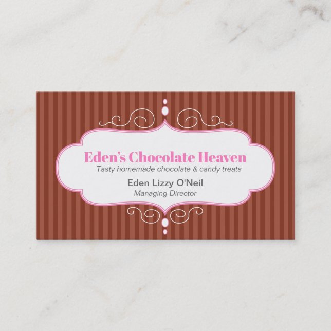 Chocolate stripe decorative white pink panel bake business card (Front)