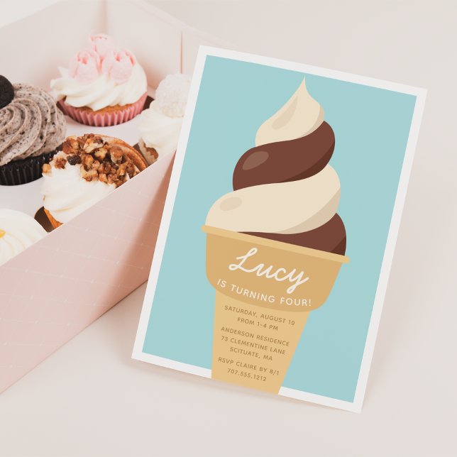 Chocolate Swirl Cone Ice Cream Kids Birthday Party Invitation (Creator Uploaded)