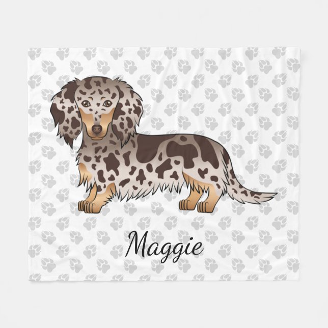 Chocolate & Tan Dapple Long Hair Dachshund & Name Fleece Blanket (Front (Horizontal))