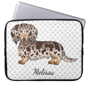 Chocolate & Tan Dapple Long Hair Dachshund & Name Laptop Sleeve