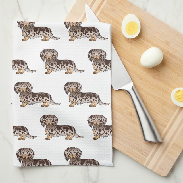 Chocolate & Tan Dapple Long Hair Dachshund Pattern Tea Towel (Quarter Fold)