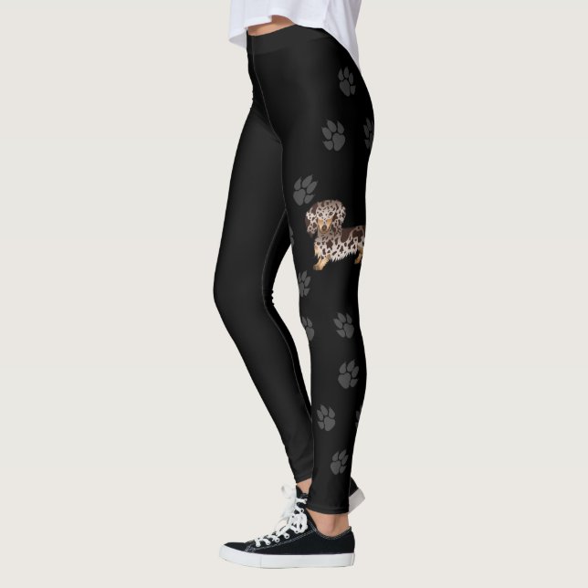 Chocolate & Tan Dapple Long Hair Dachshund & Paws Leggings (Left)