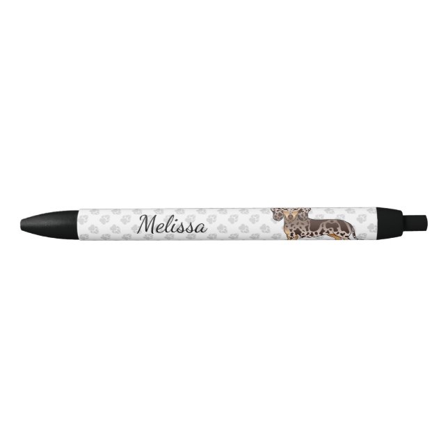 Chocolate & Tan Dapple Short Hair Dachshund & Name Black Ink Pen (Front)