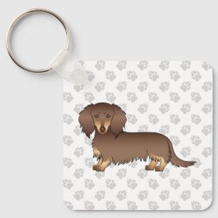 Chocolate & Tan Long Hair Dachshund Cartoon Dog Key Ring