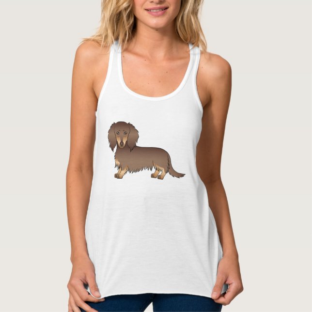 Chocolate & Tan Long Hair Dachshund Cartoon Dog Singlet (Front)