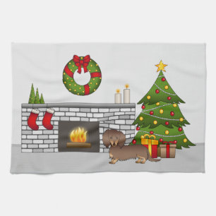 Chocolate & Tan Long Hair Dachshund Christmas Room Tea Towel