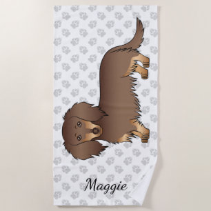 Chocolate & Tan Long Hair Dachshund Dog & Name Beach Towel