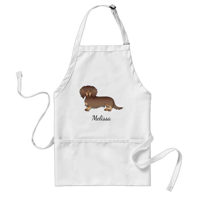 Chocolate & Tan Long Hair Dachshund Dog & Name Standard Apron (Front)