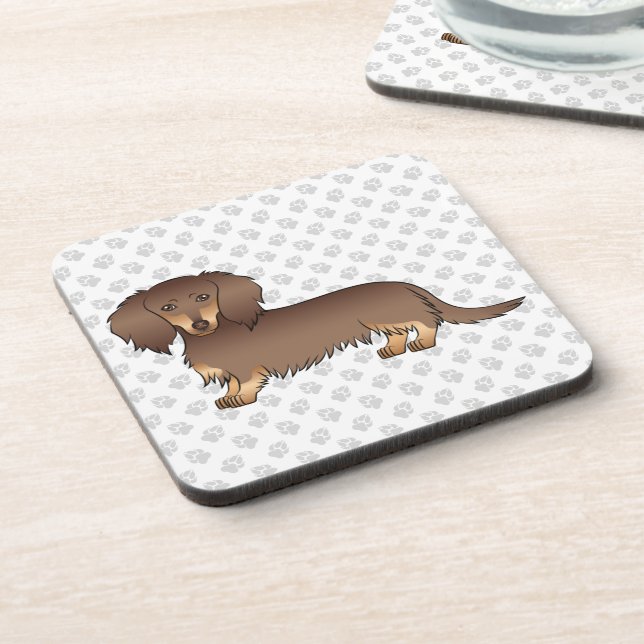 Chocolate & Tan Long Hair Dachshund Dog & Paws Coaster (Left Side)