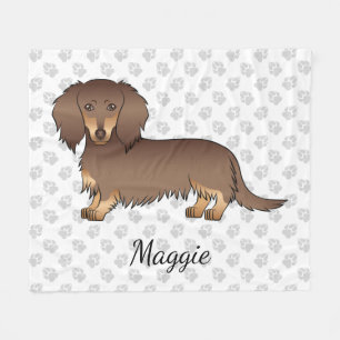 Chocolate & Tan Long Hair Dachshund Dog & Paws Fleece Blanket