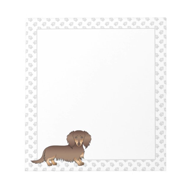 Chocolate & Tan Long Hair Dachshund Dog & Paws Notepad (Front)