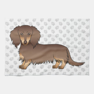 Chocolate & Tan Long Hair Dachshund Dog & Paws Tea Towel