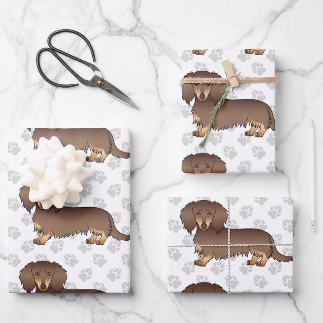 Chocolate & Tan Long Hair Dachshund Pattern & Paws Wrapping Paper Sheet (Front)