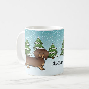 Chocolate & Tan Long Hair Dachshund Winter Forest Coffee Mug