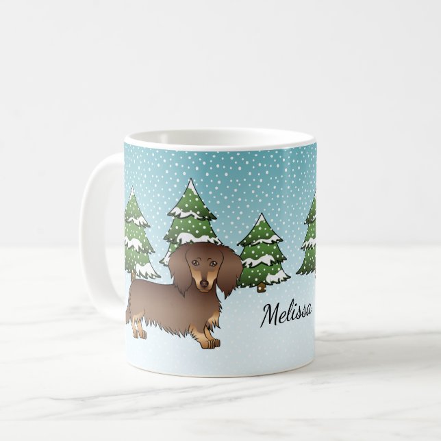 Chocolate & Tan Long Hair Dachshund Winter Forest Coffee Mug (Front Left)