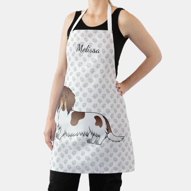 Chocolate & Tan Piebald Long Hair Dachshund & Name Apron (Insitu)