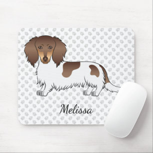 Chocolate & Tan Piebald Long Hair Dachshund & Name Mouse Pad