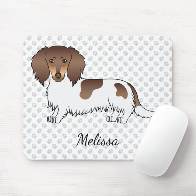 Chocolate & Tan Piebald Long Hair Dachshund & Name Mouse Pad (With Mouse)