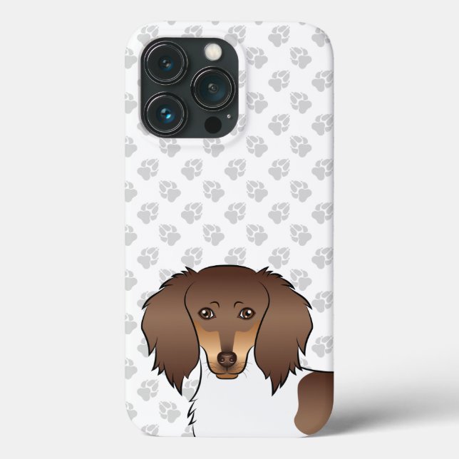 Chocolate & Tan Piebald Long Hair Dachshund & Paws Case-Mate iPhone Case (Back)