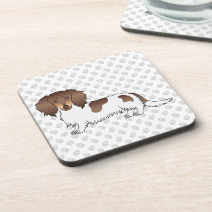 Chocolate & Tan Piebald Long Hair Dachshund & Paws Coaster