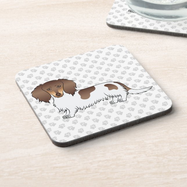 Chocolate & Tan Piebald Long Hair Dachshund & Paws Coaster (Left Side)