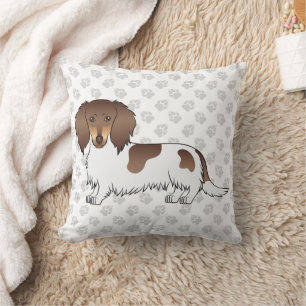 Chocolate & Tan Piebald Long Hair Dachshund & Paws Cushion