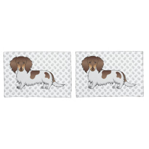 Chocolate & Tan Piebald Long Hair Dachshund & Paws Pillowcase