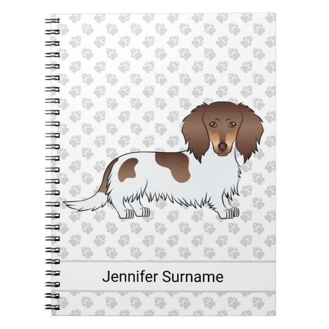 Chocolate & Tan Piebald Long Hair Dachshund & Text Notebook (Front)