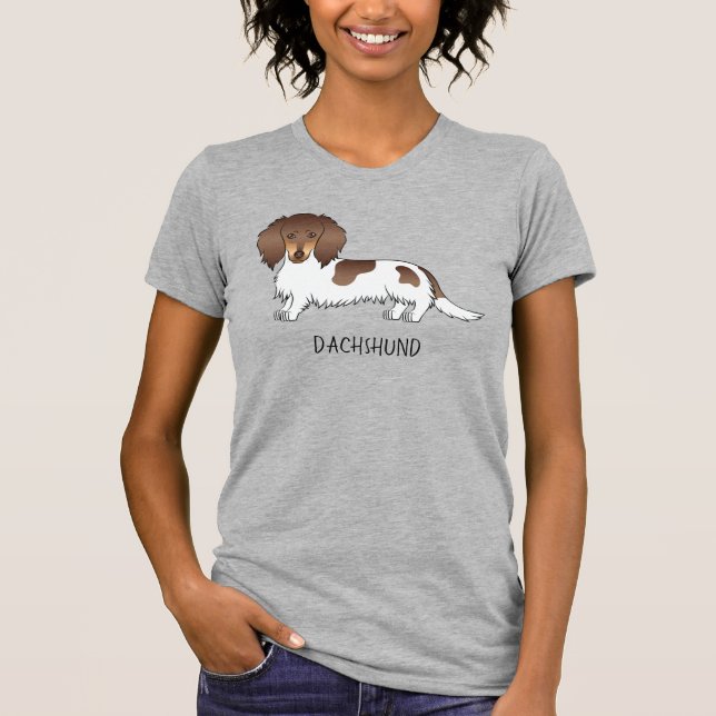 Chocolate & Tan Piebald Long Hair Dachshund & Text T-Shirt (Front)
