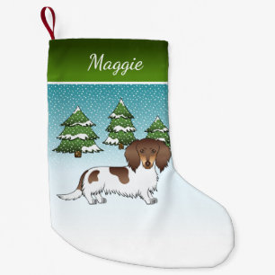 Chocolate & Tan Pied Long Hair Dachshund In Winter Small Christmas Stocking