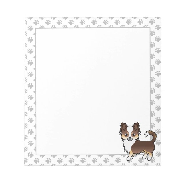 Chocolate Tricolor Long Coat Chihuahua Dog & Paws Notepad (Front)