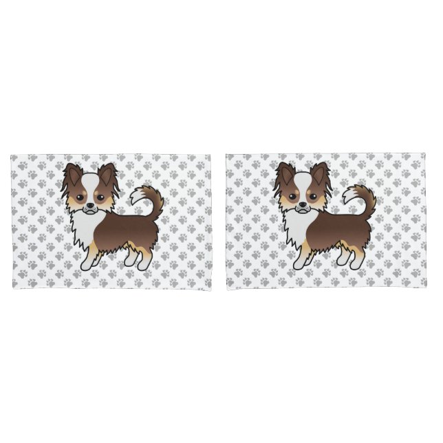 Chocolate Tricolor Long Coat Chihuahua Dog & Paws Pillowcase (Front-Set)