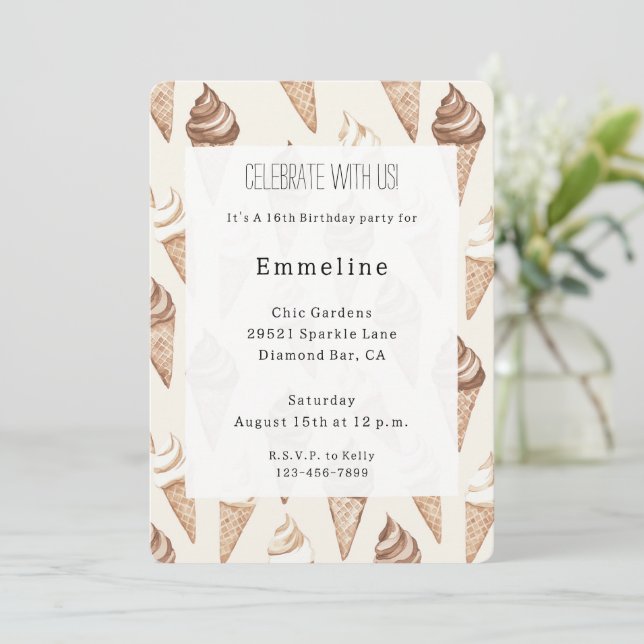 Chocolate Vanilla Ice Cream Cones Birthday Invitation (Standing Front)