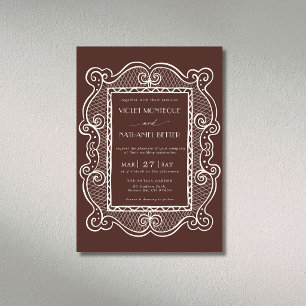 Chocolate & White Lace Old Money Vintage Wedding Invitation