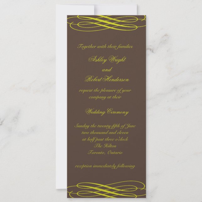 Chocolate with Golden Ribbons Wedding Invitation (Front)