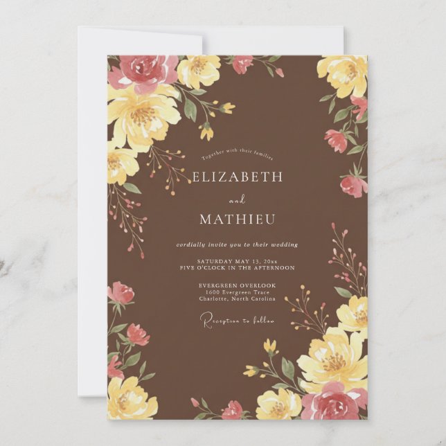 Chocolate Yellow Peony Wedding Invitation (Front)