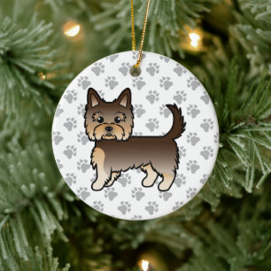 Chocolate Yorkshire Terrier Cartoon Dog & Paws Ceramic Tree Decoration