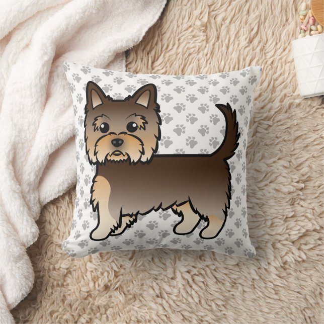 Chocolate Yorkshire Terrier Cartoon Dog & Paws Cushion (Blanket)