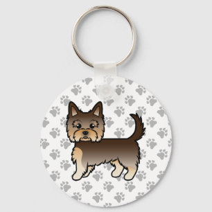 Chocolate Yorkshire Terrier Cartoon Dog & Paws Key Ring