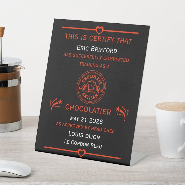 Chocolatier Maker Certificate Pedestal Sign (In SItu)