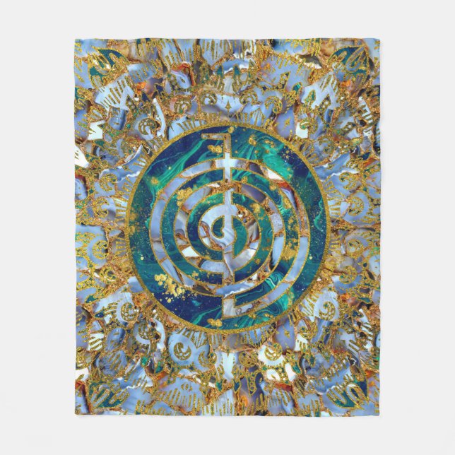 Choku Rei Symbol in Mandala on Marble and Gold Fleece Blanket (Front)