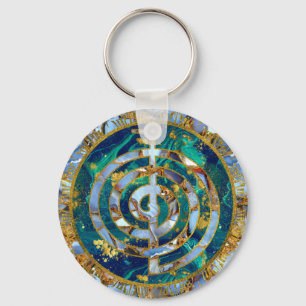Choku Rei Symbol in Mandala on Marble and Gold Key Ring