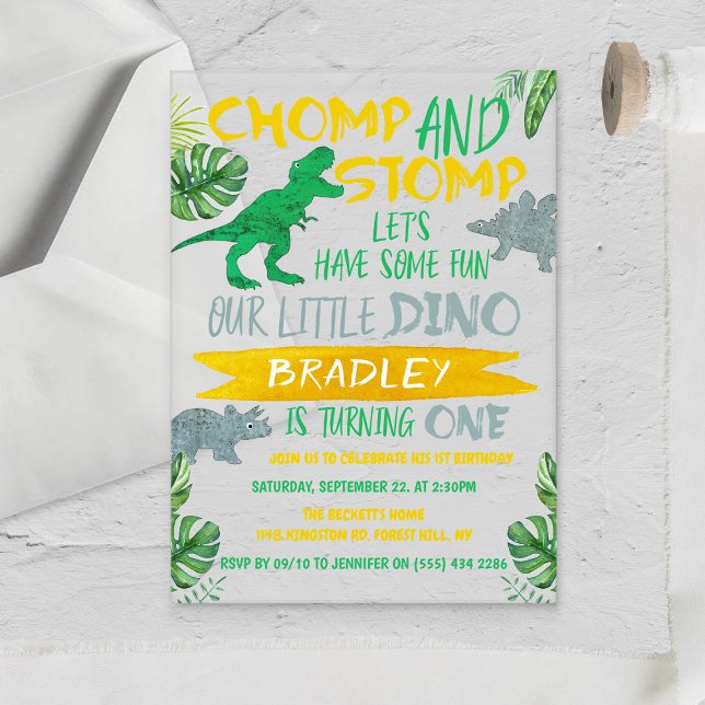 Chomp & Stomp! Dinosaur Boys 1st Birthday Acrylic Invitations (Creator Uploaded)